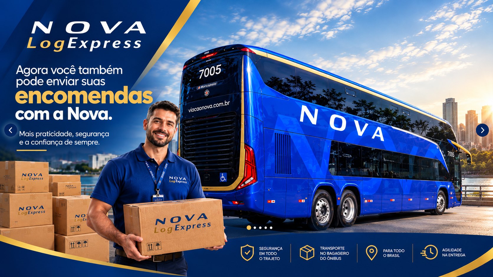 Agora você também pode enviar suas encomendas com a Nova. Mais praticidade, segurança e a confiança de sempre. Atendente da Nova Log Express segurando uma caixa ao lado de um ônibus double decker azul da Nova.